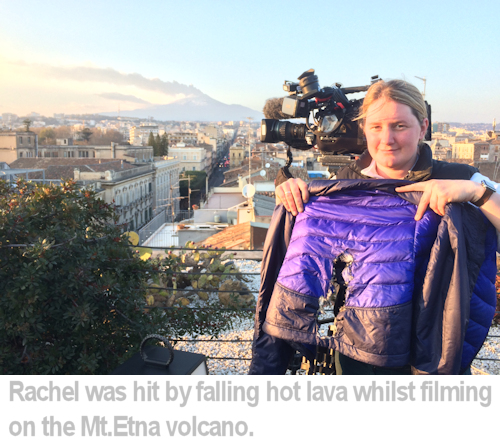 Rachel's jacket was burnt by falling lava.