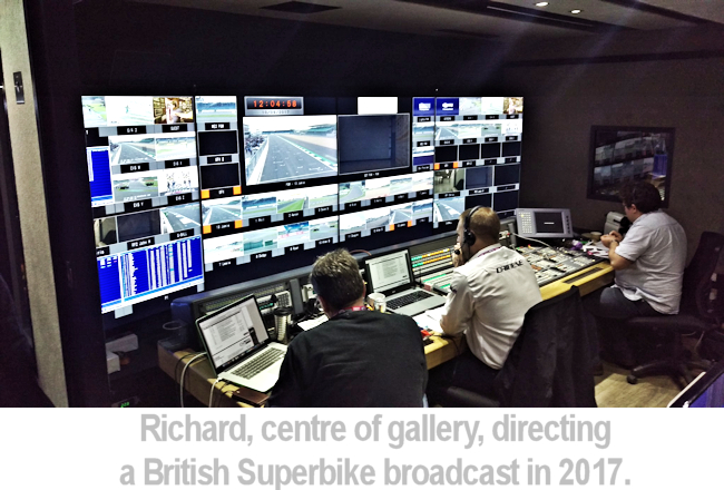 Richard in centre of gallery directing a superbike broadcast in 2017.