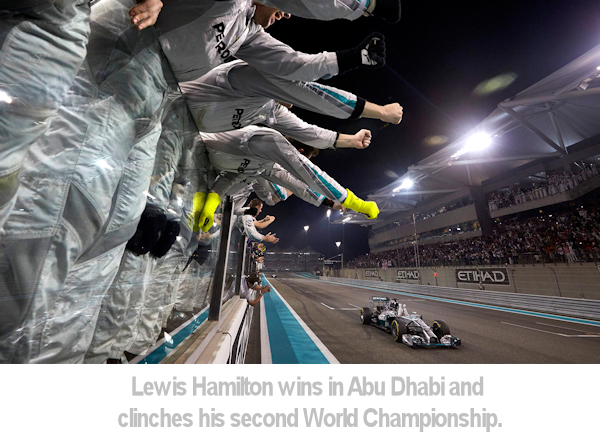 Lewis Hamilton and his crew celebrate.